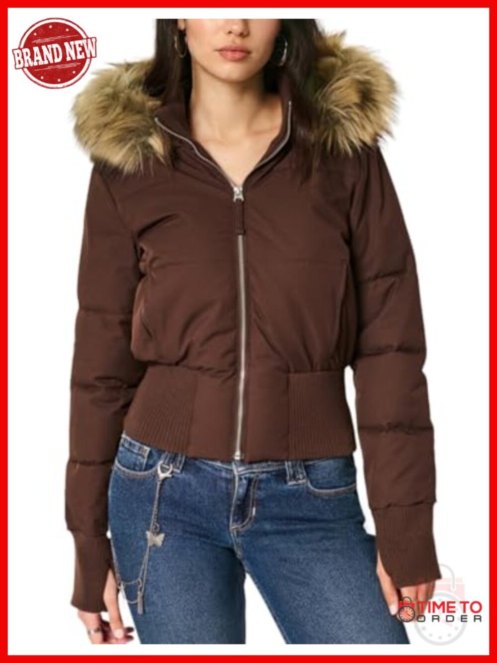 Cropped Puffer Jacket Faux Fur Hooded Winter Warm Quilted Bomber Coat